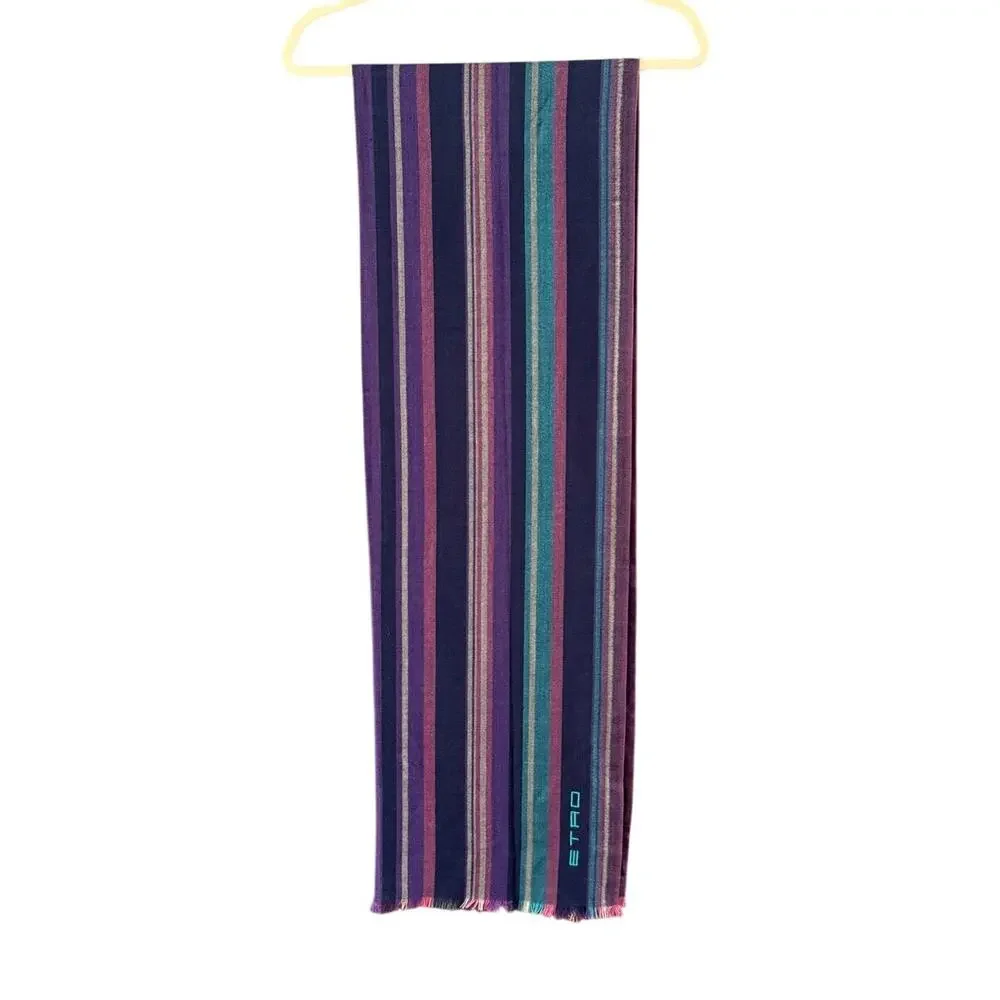 ETRO Italy Striped Scarf Purple Teal Wool Silk Cashmere Fringe Embroidered Logo